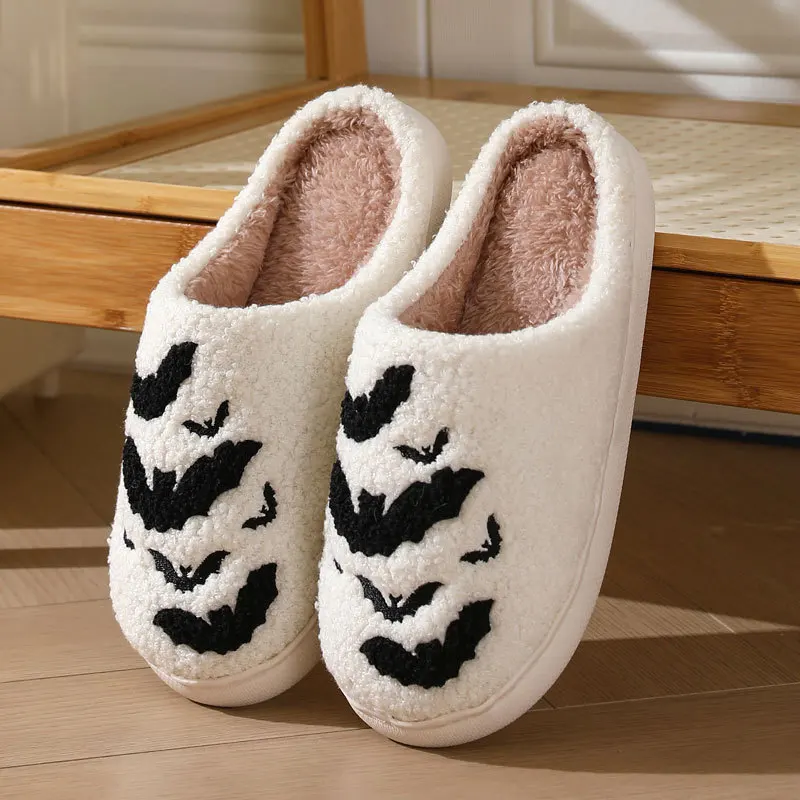 Halloween Bat Pattern Embroidered Plush Home Thick-Soled Comfortable Woolen Cotton Slippers  Warm Non-Slip Indoor Slippers view 6
