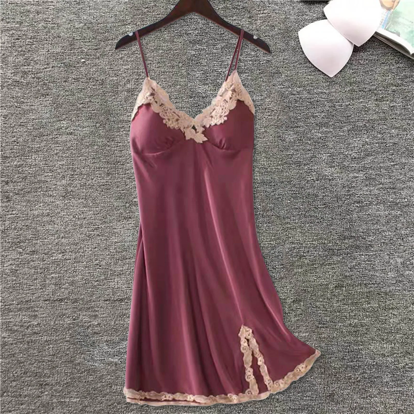 Women Nightdress Thin Sexy Suspender Ice Silk Women Pajamas Lace Home Negligee Nightwear Lingerie Chest Pad Homewear Sleepwear