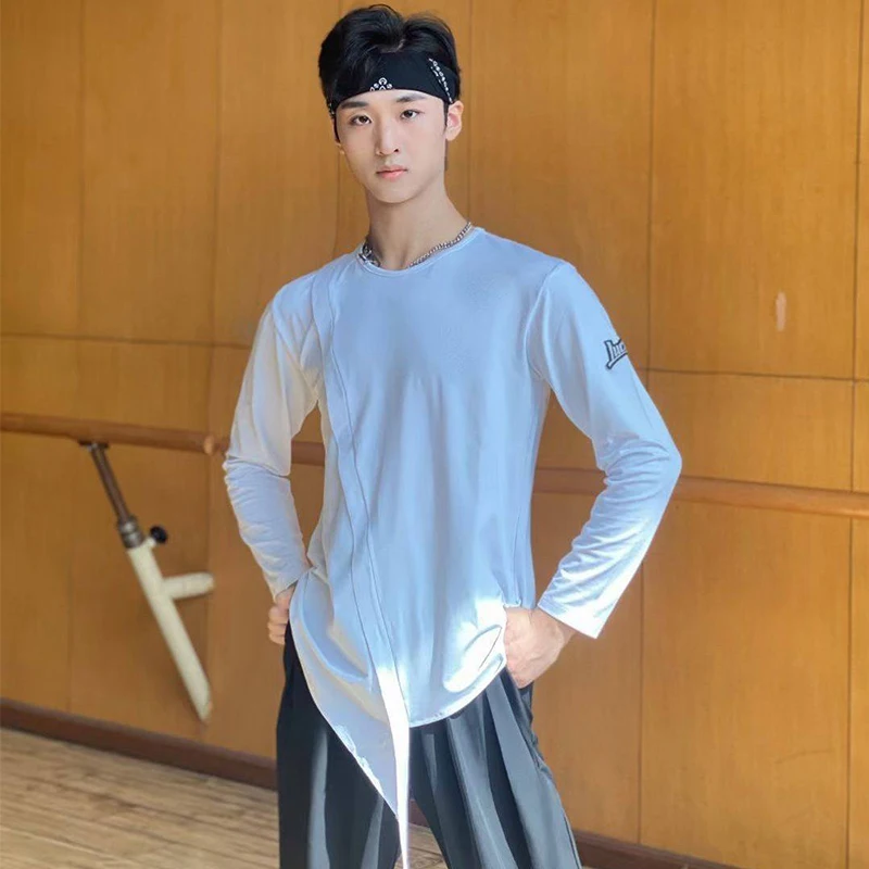 

Men Latin Dance Practice Clothing Long Sleeves Irregular T Shirt Black White Training Tops Sport Dance Wear Male Salsa DNV25848