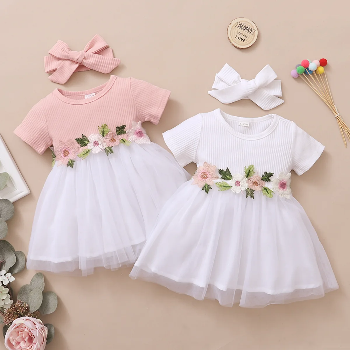 Euro-America Style Summer Children Skirts Girls Romantic Princess Short Sleeve Striped Splicing Mesh Sweet Cute Skirt