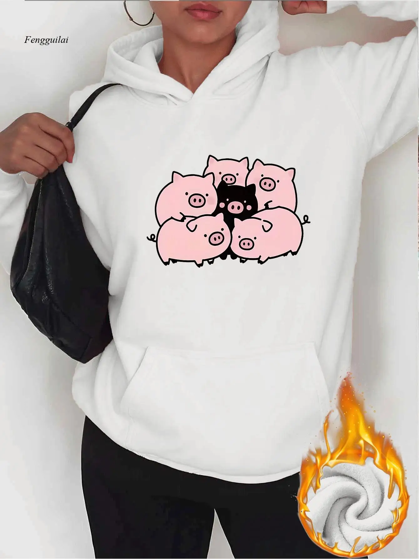 Pink Hoodie with Cute Pig Print (Pink & Black) - Plus Size Cozy Pocket Sweatshirt, -Like Hooded Sweater