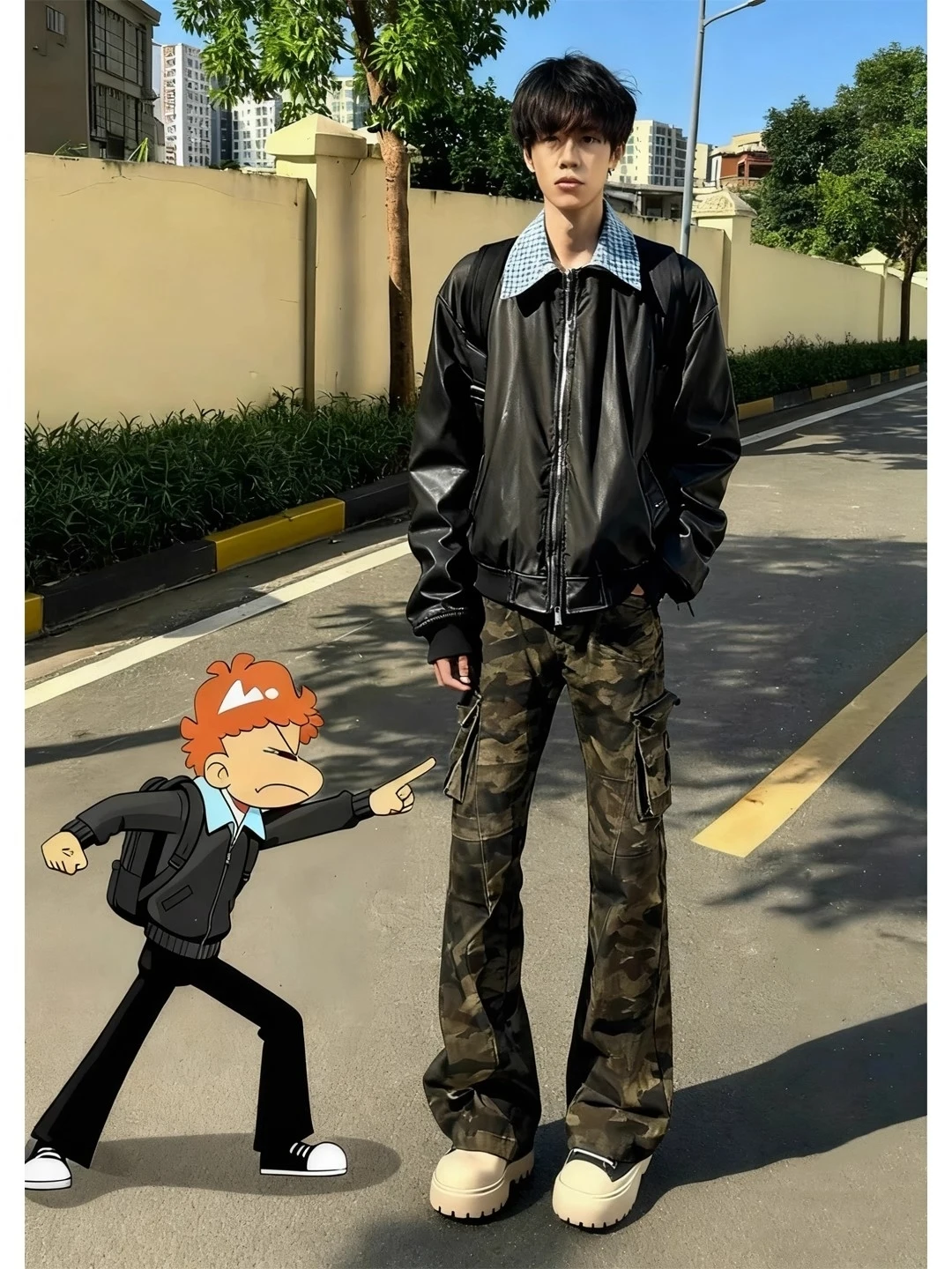 

American High Street Camouflage Jeans Men's Autumn Winter Deconstructed Patchwork Flared Straight Leg Fleece Lined Pants