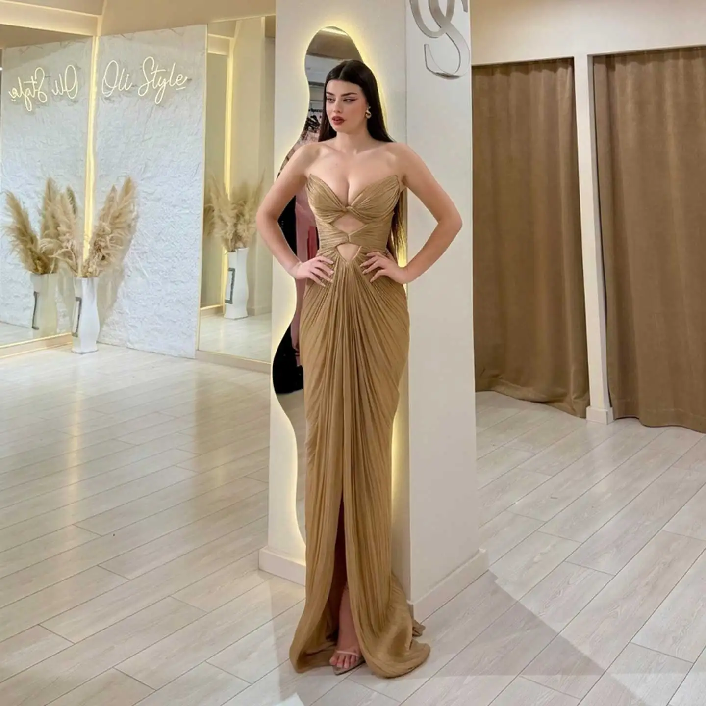 Remote Moon Dubai Elegant Deep V-Neck Evening Dress Pleated High Slit Mermaid Arabic Wedding Guest Prom Gown MN667 Customized