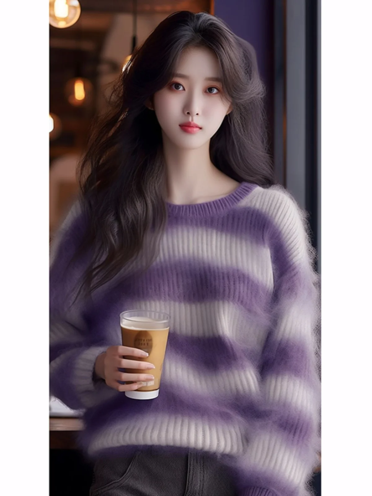 

Свободный женский вязаный топ-бомер в фиолетовую полоску, удобный длинный све, круглый, теплый, теплый, прямой, осенний...