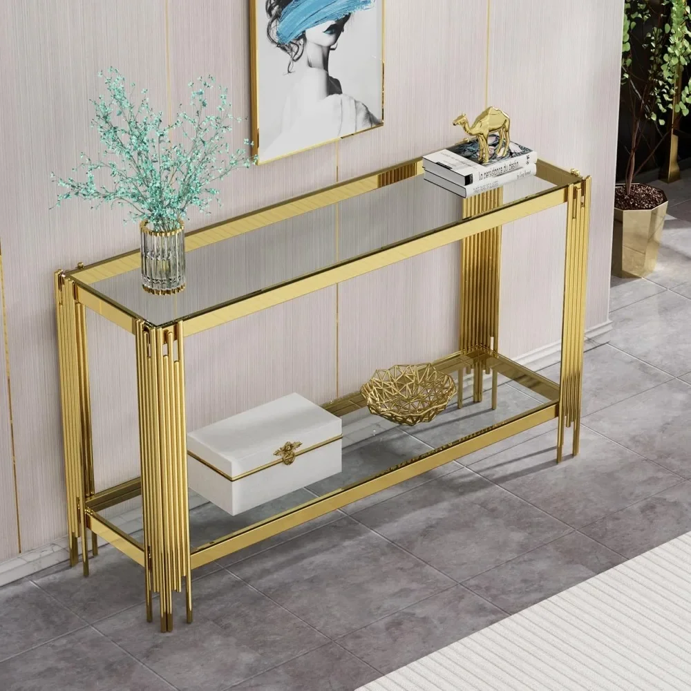 Modern Glass Entryway Table, Long Narrow Console Table with Storage Shelf & Gold Irregular Stainless Steel Tube