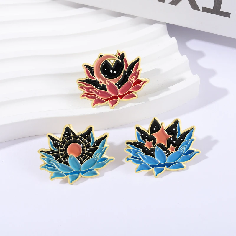لوتس الهلال المينا دبابيس الأزهار السماوية ماجيك القمر الشمس ستار دبابيس التلبيب على ظهره شارة مجوهرات الأزياء هدايا للأصدقاء