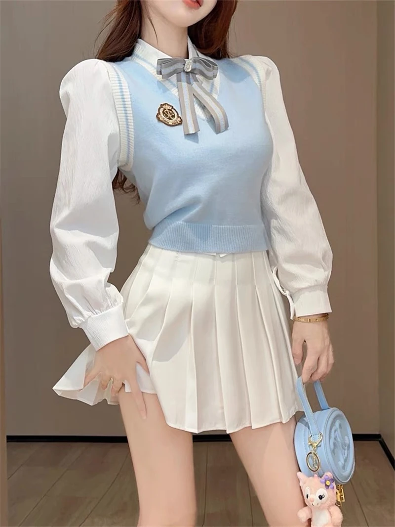 Spring 2024 Japanese Korean JK Uniform Set Light Blue Sweet Girls Knitted Vest Bubble Sleeve White Shirt A Line Pleated Skirt