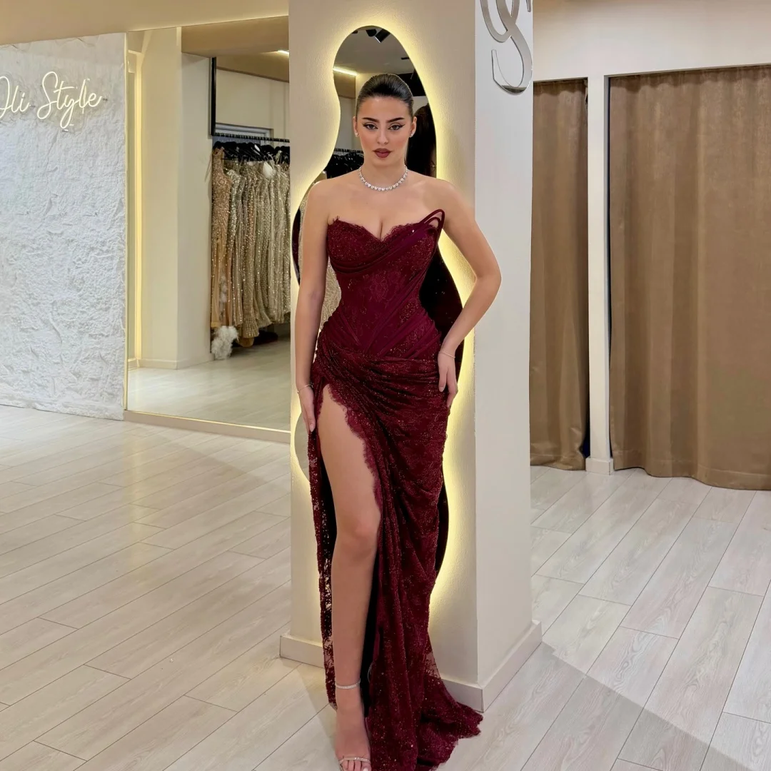 Amanda Customized Burgundy Strapless Prom Dress With Ruched Lace High Slit Trailing vestidos de noche Formal Evening Gown  2026 image 3