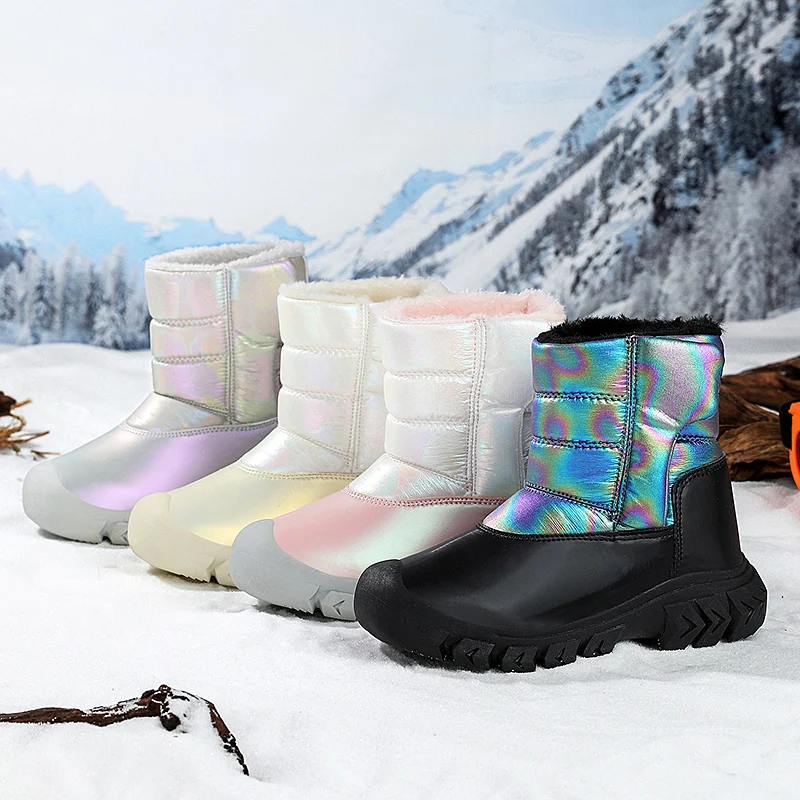 Kids Snow Boots Winter Outdoor Flat Shoes For Children Non-Slip Sole Outdoor Girls Warm Plush Waterproof Kids Shoes Size 28-38