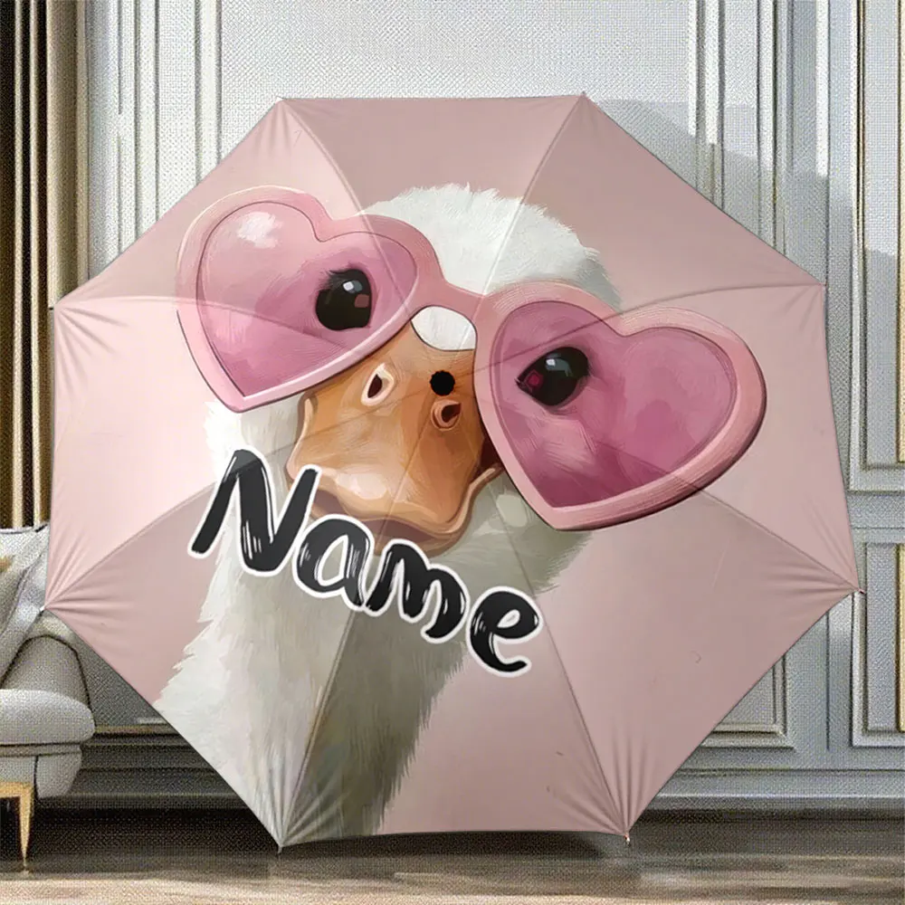 Custom Name Umbrella Duck Wearing Heart-Shaped Glasses with Pink Background Print Portable Folding Umbrella,Christmas Gift