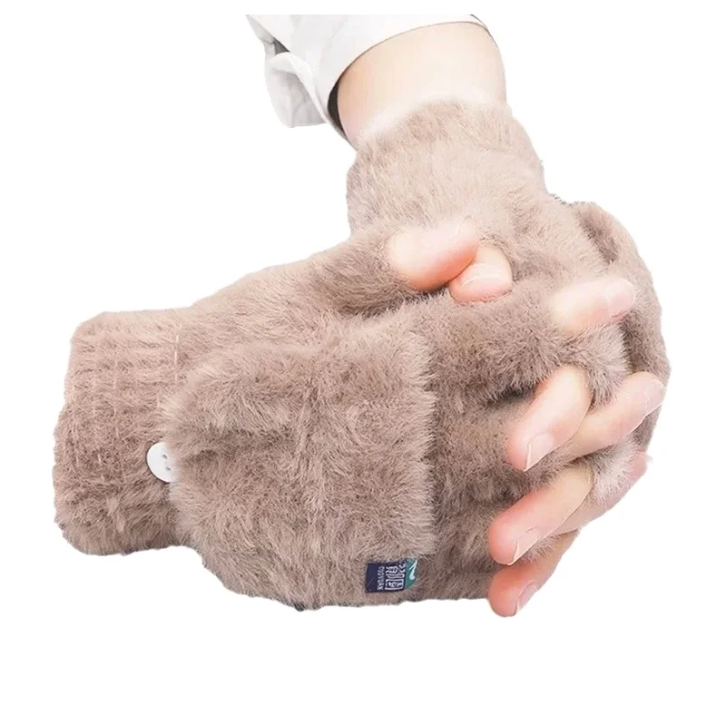 Winter Cold Protection Thickened Plush Warm Gloves Flip Student Women Female Outdoor Write Fingerless Mitten Soft
