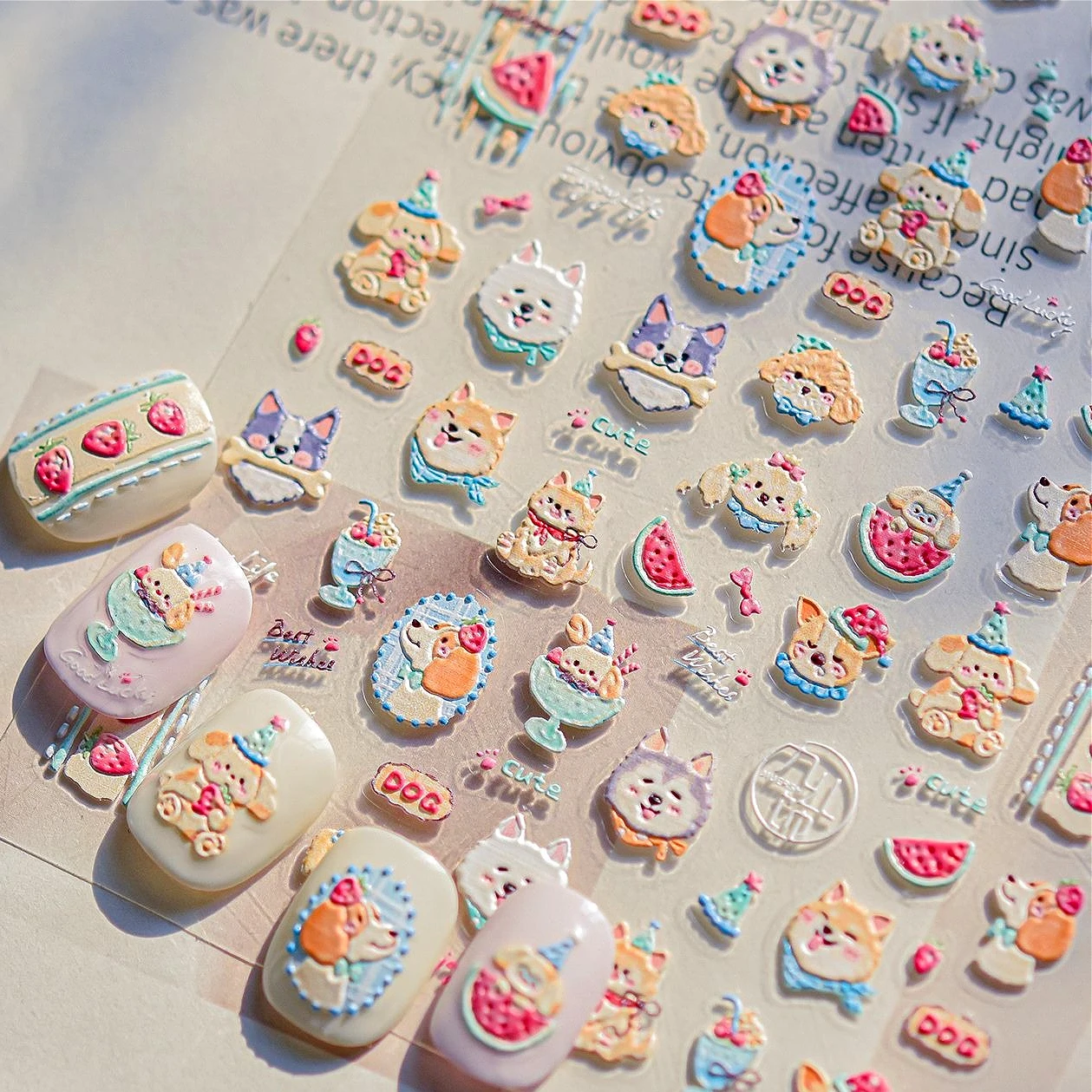 

Corgi Siberian Husky Bichon Samoyed Dog Watermelon Strawberry Bowknot Fruit Juice Ice Cream Nail Art Stickers Manicure Decals
