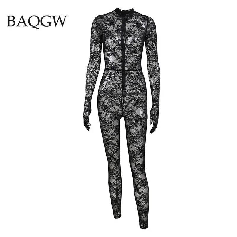 Mesh Sheer Hollow Out Long Sleeve Sexy See Through Skinny Exotic Jumpsuit Bodycon Summer Women Outfit Night Party with Gloves