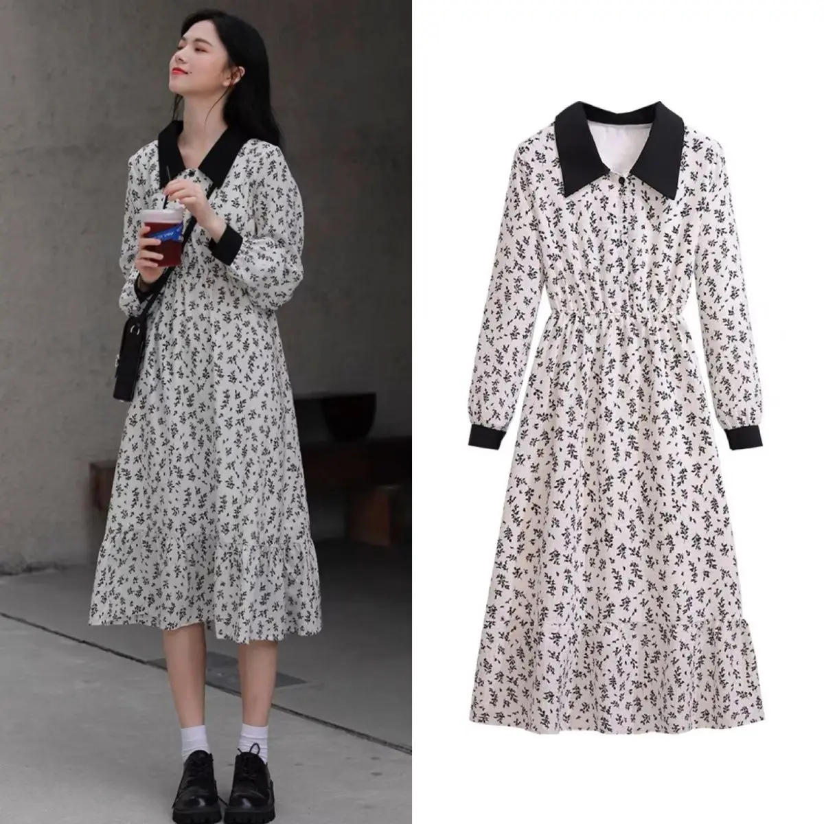 2024 Autumn New Gentle Doll Neck Floral Dress Suitable for Short Women Autumn Fashionable Sweet Thin Long Sleeve Dress for Women