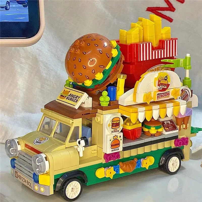 Food Ice Cream Building Blocks Truck Burger truck Bricks Mini Creative Model Puzzle Assembly Educational Toys for Girls Gifts