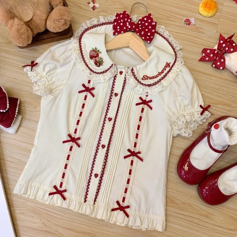 

Short Sleeve Women's Sweet Kawaii Lolita Shirts Bow Strawberry Embroidery Lace Collar Tees Princess Blouses Japanese Y2k Tops