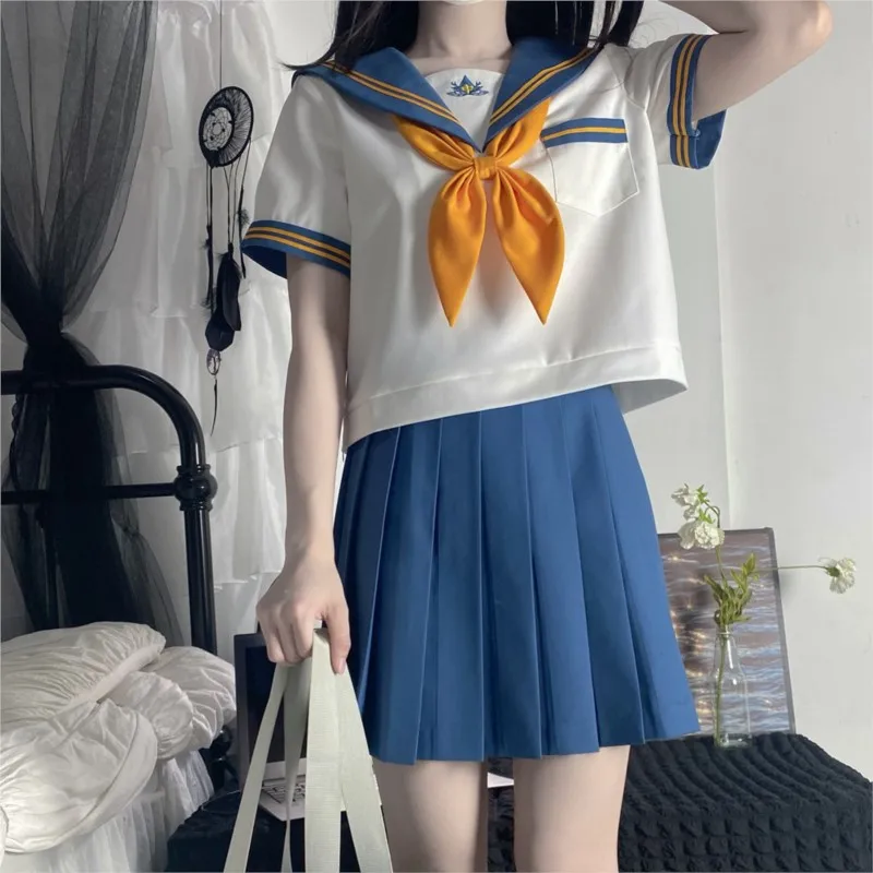 White blue School Uniform Dress Japanese Schoolgirls Sailor Top Tie Pleated Skirt Outfit Cosplay Costume Japan Anime Girl Lady