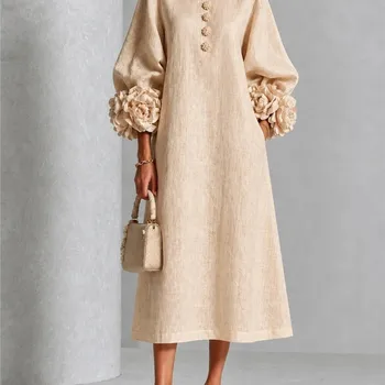 Elegant Women Linen Midi Dress O Neck 3D Floral Lantern Sleeve Button Loose Straight Long Dress Modest Casual Party Dresses