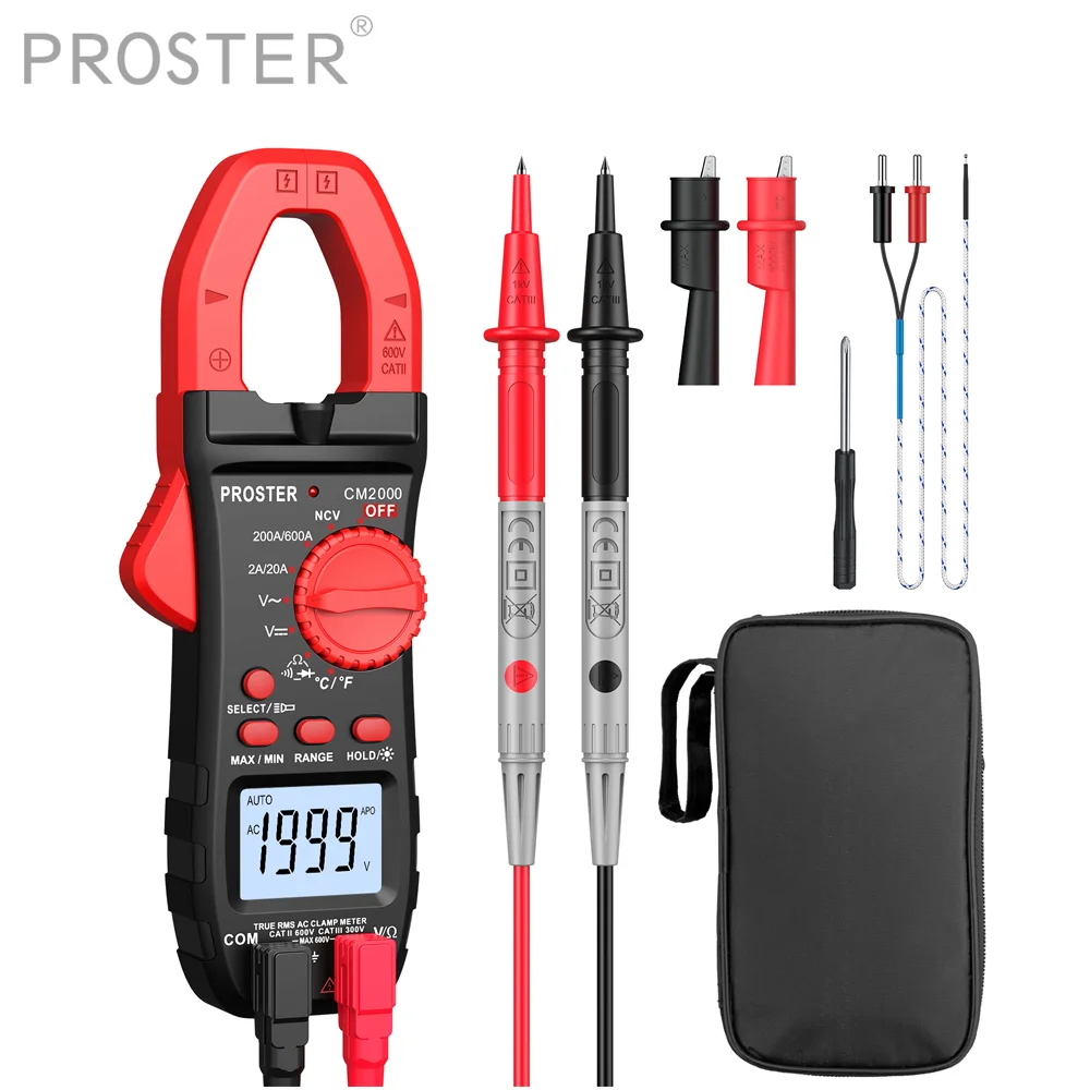 

Proster Digital Clamp Meter Trms 600a Ac Current Ac/Dc Voltage Ncv Continuity Resistance Temperature Diode Hz Test