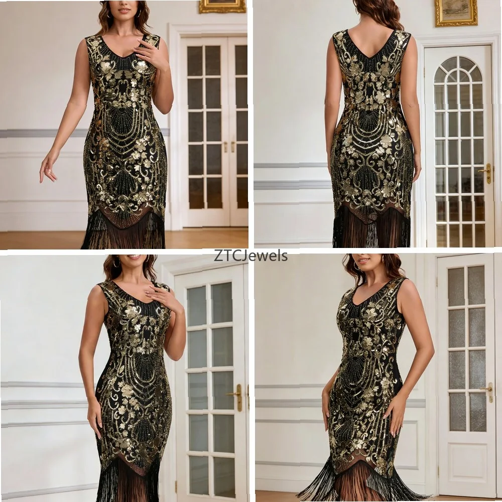 Vestido Flapper Estilo Años 20, Cuello en V, con Cuentas y Flecos, Disfraz para Fiesta de Gala, Cosplay