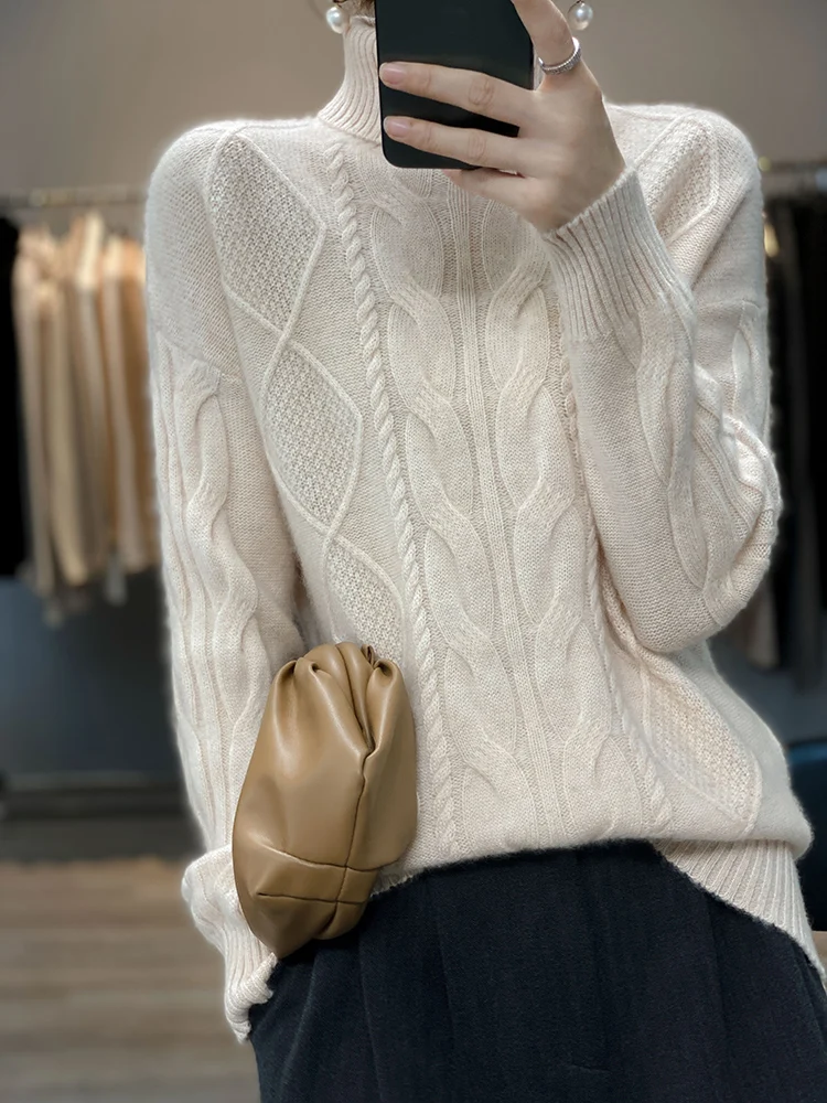 Autumn Winter Women Long Style Turtleneck Pullover Cashmere Sweater 100% Merino Wool Knitwear Thick Warm Cable Knitting Korean