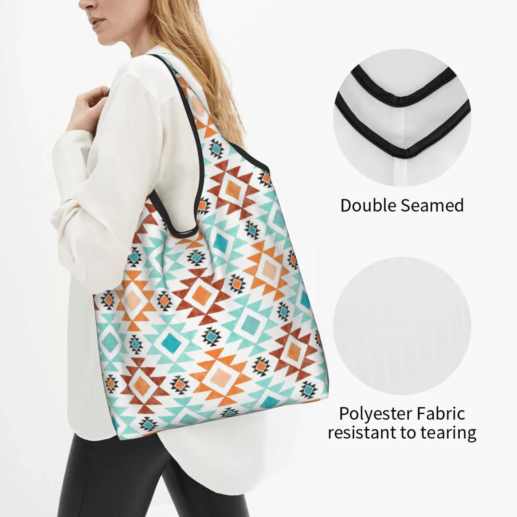 Recycling Aztec Geometric  Shopping Bag Women Tote Bag Portable Shades of Aqua Blue and Orange  Groceries Shopper Bags
