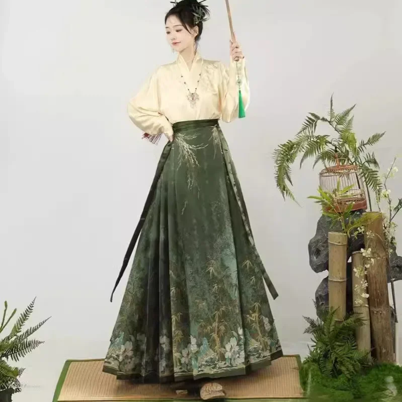 

The original national style horse-faced skirt is matched with Ming Hanfu embroidered collar plane sleeves