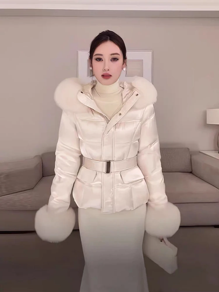 Winter natuurlijke bontkraag donsjack met capuchon vrouwelijk met riem rits katoen Parker Outwears dames witte eendendons warme jassen