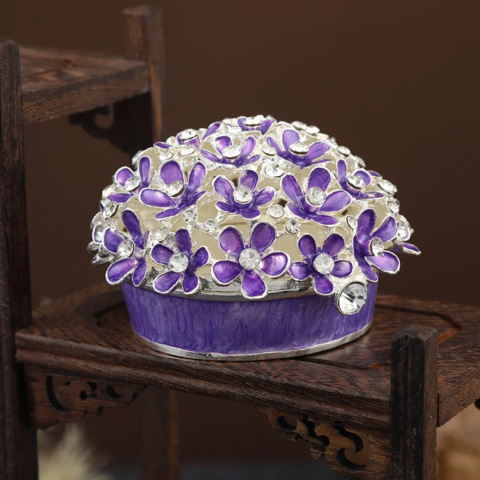 Empty Box Purple Flower Jewelry Case 8cm/3In Vintage Alloy Purple Flower Rhinestones Hinged Closure Gifts for Mom Wife Friend