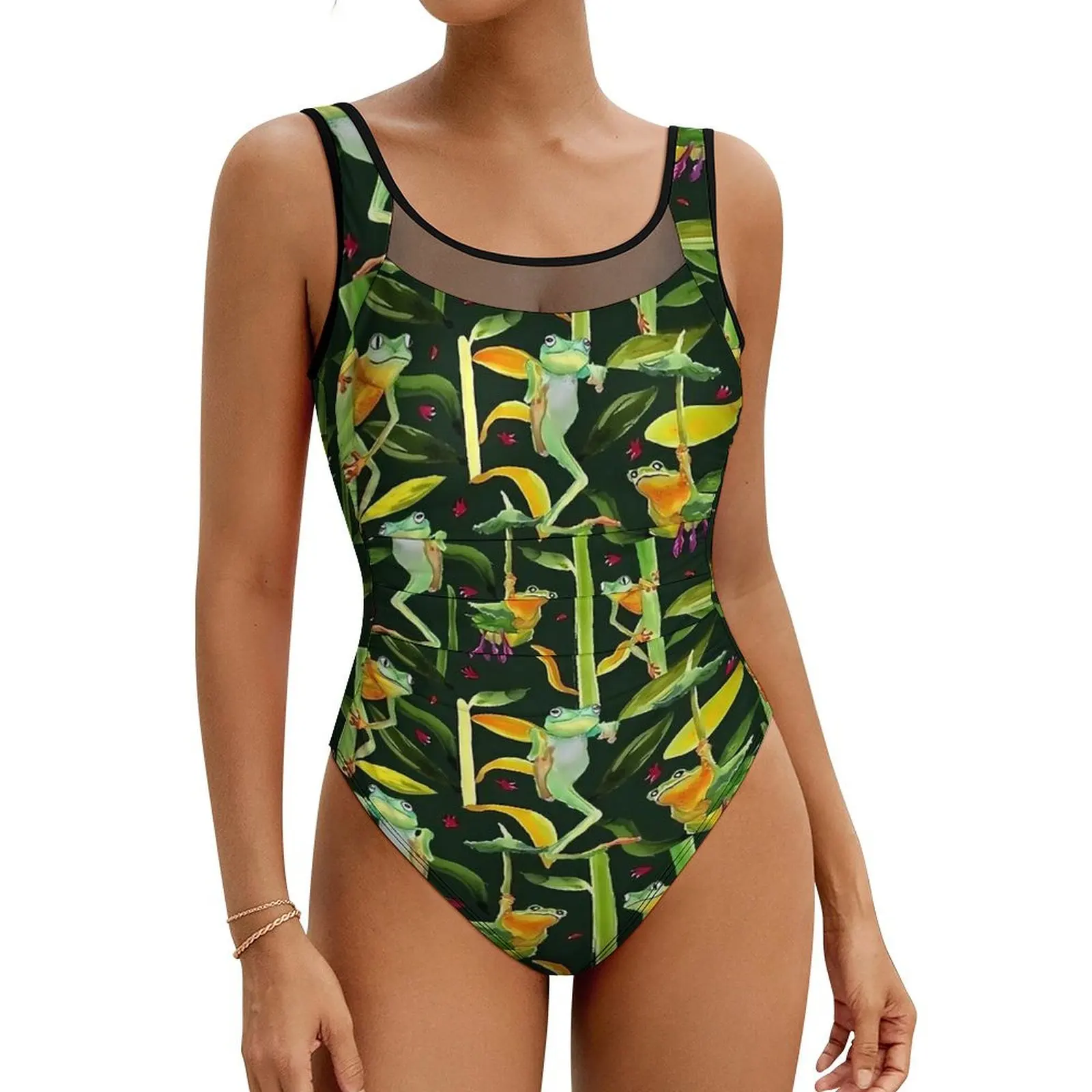 Crazy Frogs Swimsuit Animal Print Swimwear One Piece Fitness Bodysuit Sleeveless Monokini Woman Push Up Sexy Beachwear Gift