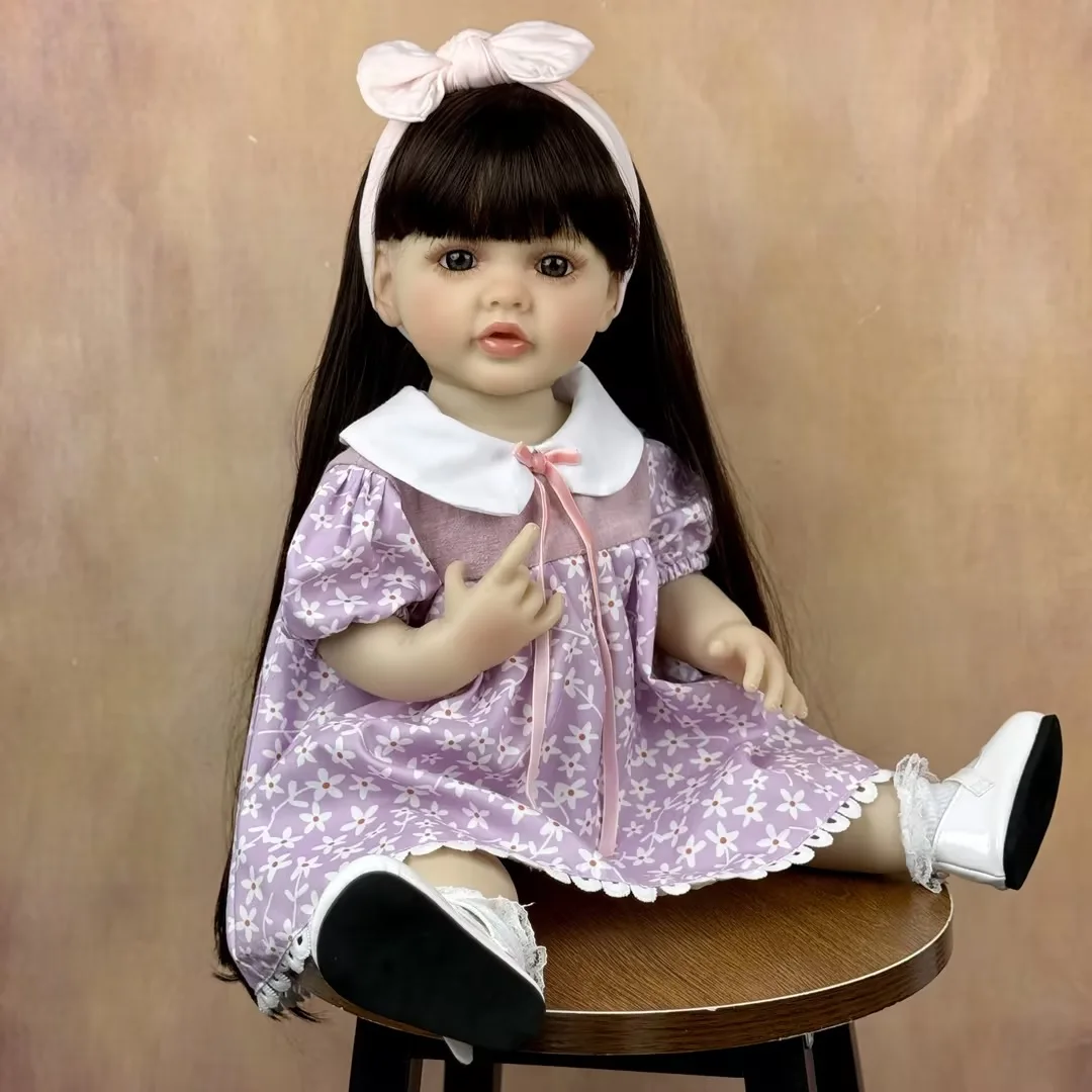 BZDOLL 55CM 리본 베이비 풀 비닐 바디 인형 장난감, 갈색 긴 머리, 공주 유아 22인치 달콤한 인형, 수제 생일 선물