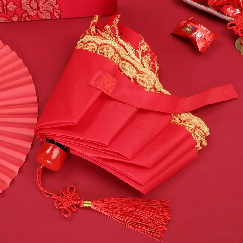 Wedding bridal umbrella bright red folding umbrella sunny and rainy bride's outing tri-fold umbrella