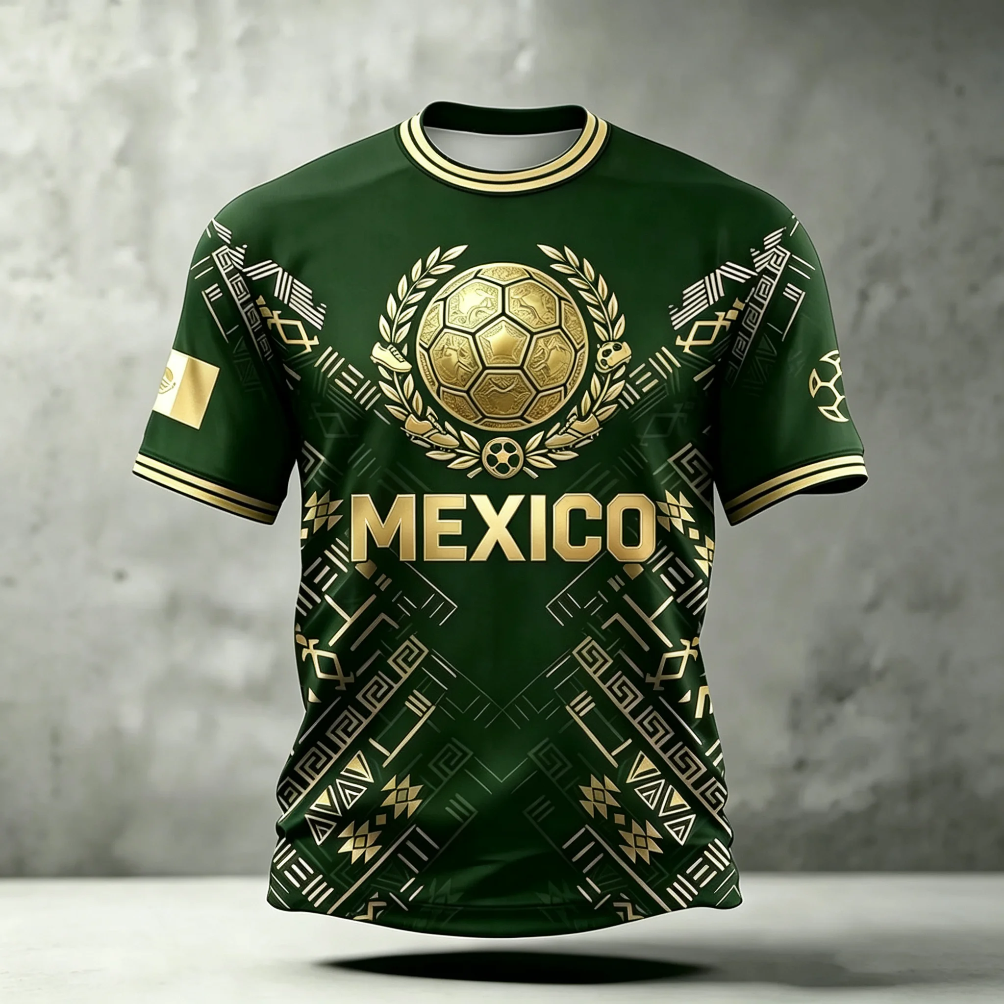 American Retro Mexico Soccer Jersey Full Geometric Ornament Gold‑Tone Print Short Sleeve Multi‑Color Youth Playing Fitness Top
