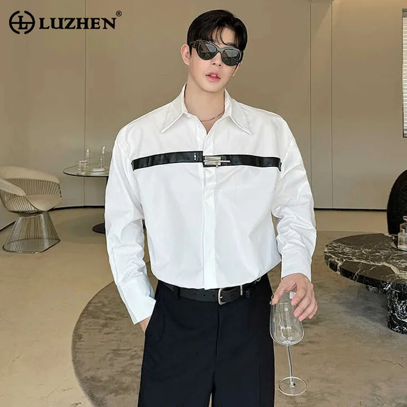 

LUZHEN Patchwork Faux Leather Long Sleeve Shirt Color Contrast Design Blouses Metal Decorate Trendy Baggy Men Clothing LZ4746