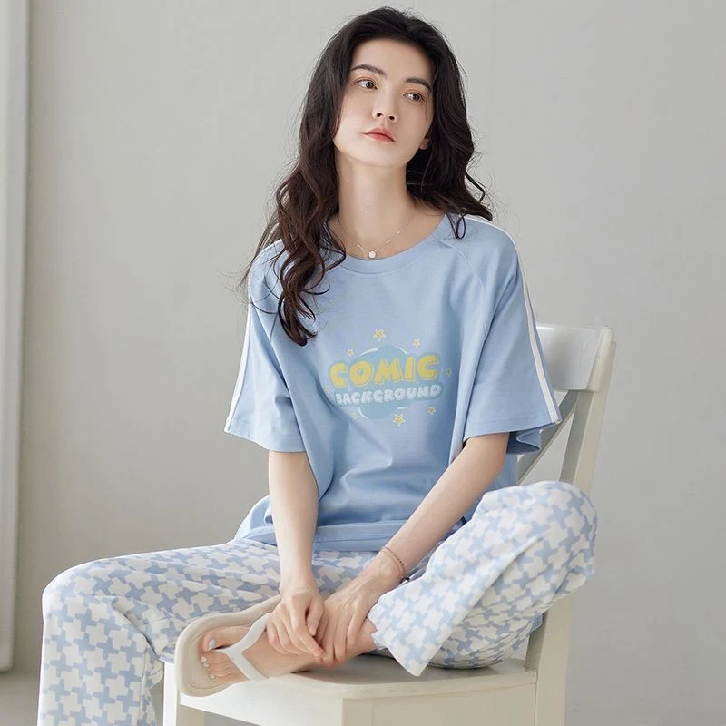 

2025 Summer Short Sleeve Long Pants 100% Cotton Pajama Sets for Women Korean Cute Sleepwear Homewear Pijama Mujer Home Clothes
