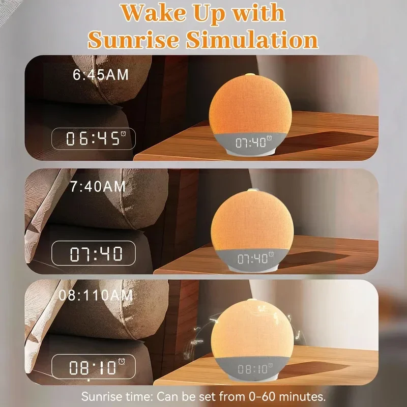 Wake Up Light Sunrise Alarm Clock Dimmable Night Light Bluetooth Speaker White Noise Machine 30 Sleep Sounds for Bedroom Decor