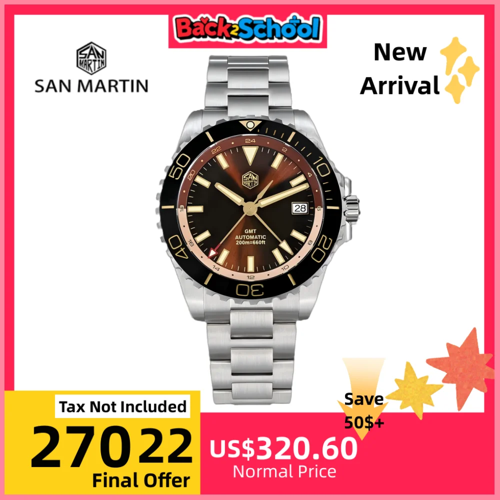 

San Martin 39mm Enamel Sunray Dark Brown Dial Men Automatic NH34 GMT Watch 20Bar Retro Wristwatch SLN C3 Green Lume Dive SN0136