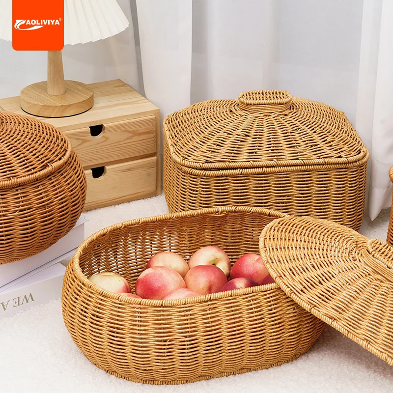 Aoliviya Fruit Basket round Snack Basket Rattan Woven with Lid Storage Basket Jewelry and Cosmetics Toy Storage Box Imitation Ra