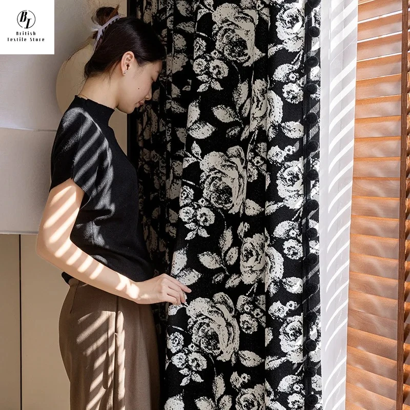 

Custom Size！！Modern Black and White Rose Print Chenille Thick Curtains for Living Dining Room Bedroom Bedroom Balcony Window