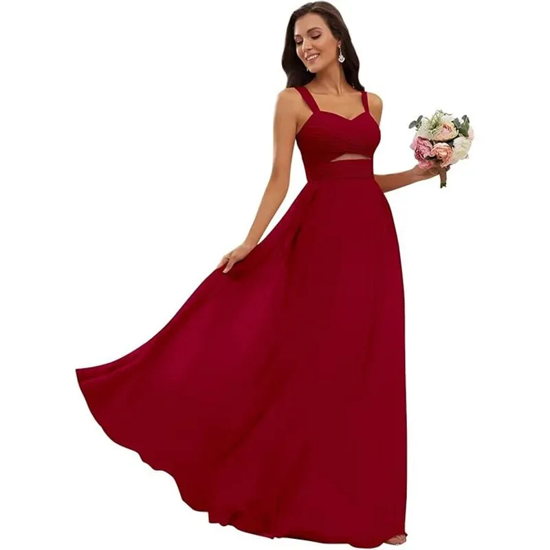 تخصيص السباغيتي الأشرطة فساتين وصيفة الشرف الشيفون ألف خط الخامس الرقبة عارية الذراعين حفل زفاف فستان الضيوف عارية الذراعين متقاطع