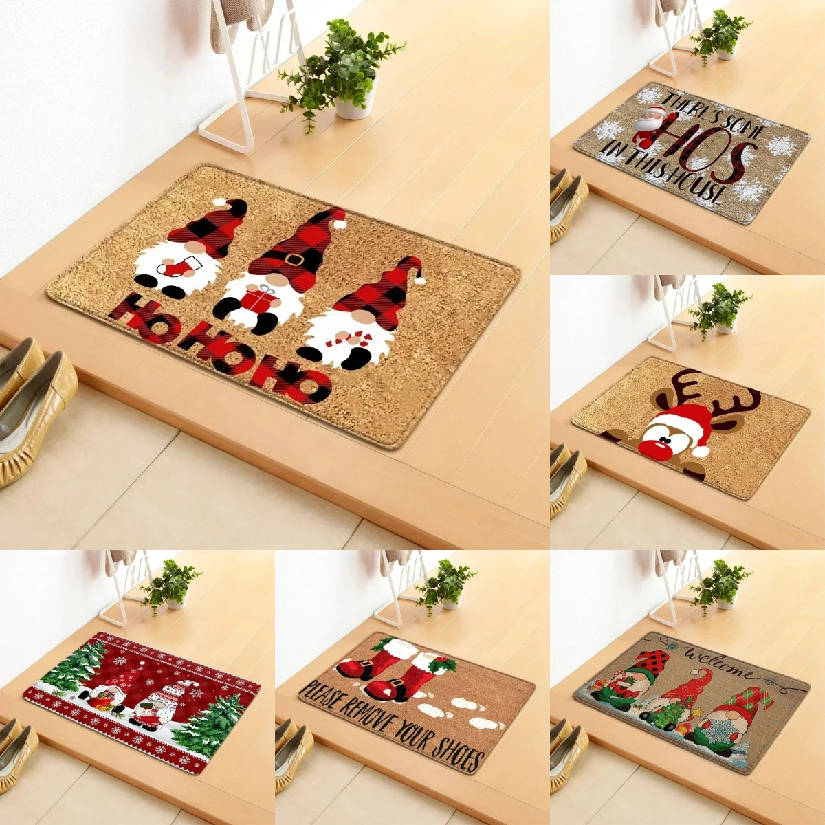 Festive Christmas Door Mat with Gnome Reindeer Patterns Non-slip Floor Rug for Entrance Home Decorative Mat Christmas Collection