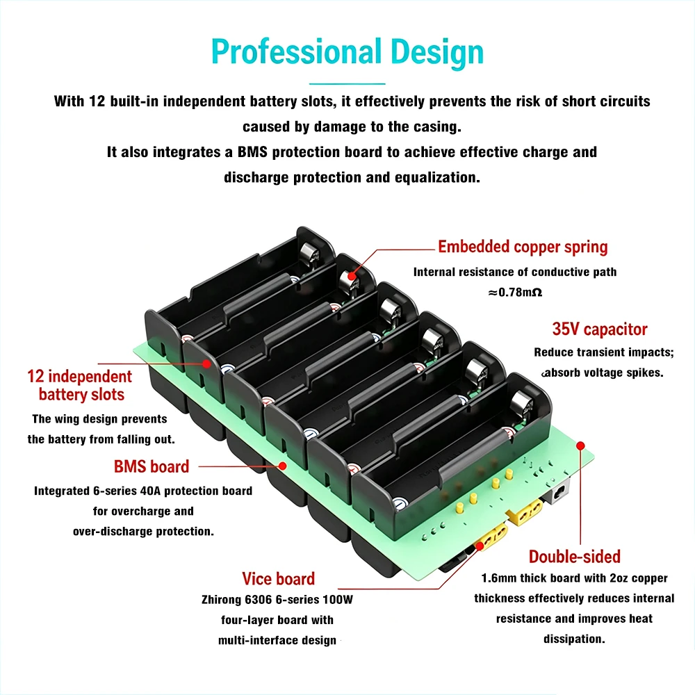 Solderless 6S2P Portable Power Bank Kit 12PCS 21700 Holder TFT  DC XT60 Bidirectional Charge Discharge Power supply