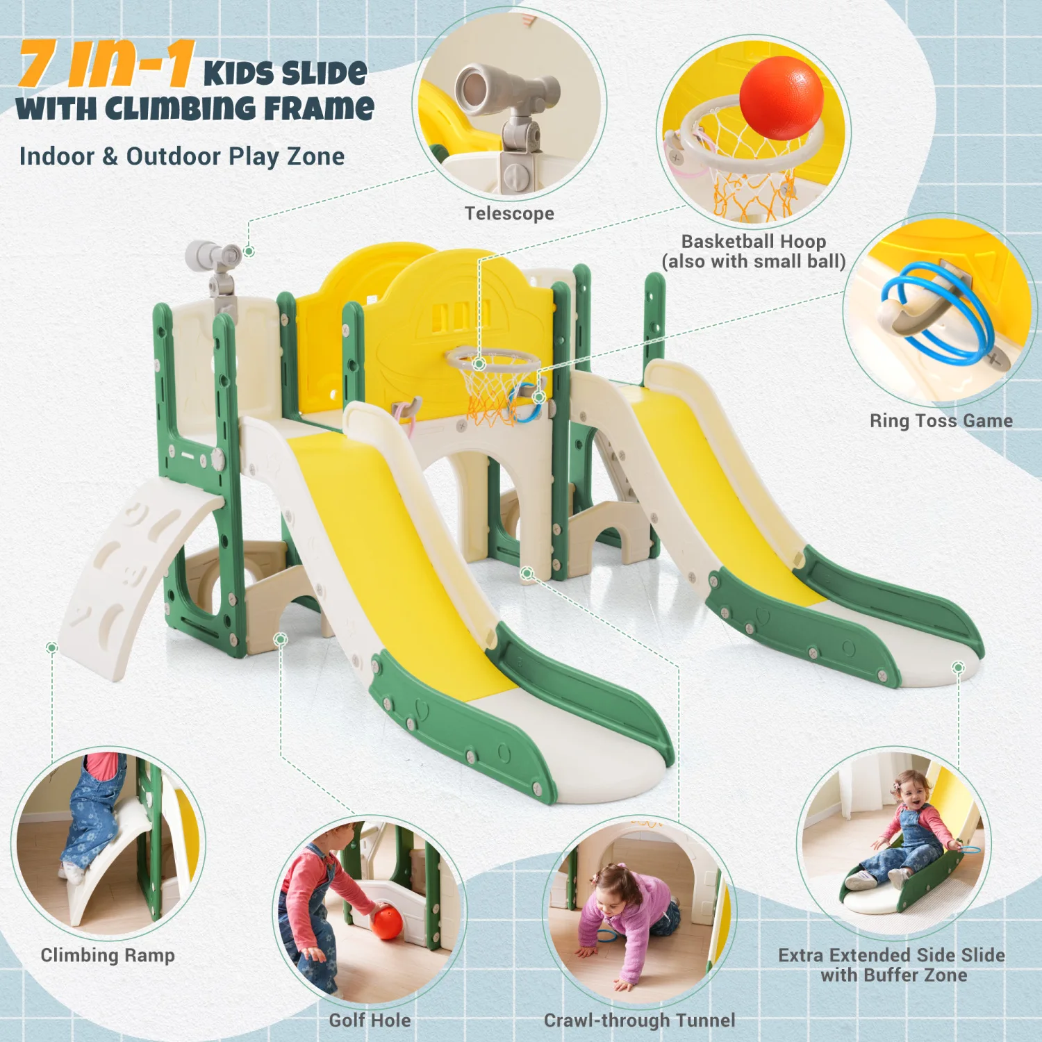 Kids Slide Playset 7 in 1, Freestanding Spaceship Set with Double Slides, Arch Tunnel, Ring Toss, Basketball Hoop - Toddlers Cli