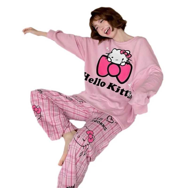 Sanrio Hello Kitty pure cotton round neck pullover pajamas women\'s spring and autumn comfortable casual long loungewear suit