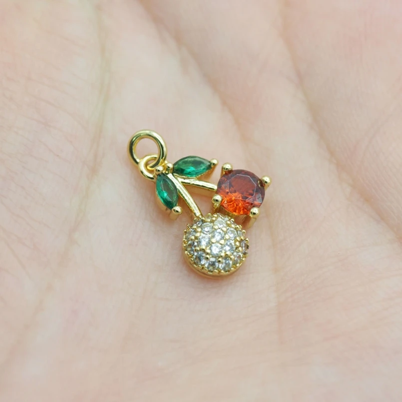 

5Pcs Plant Cherry Charms Cubic Zirconia Copper Gold Color Approx 11x15.9mm Jewelry Special Gift For Women