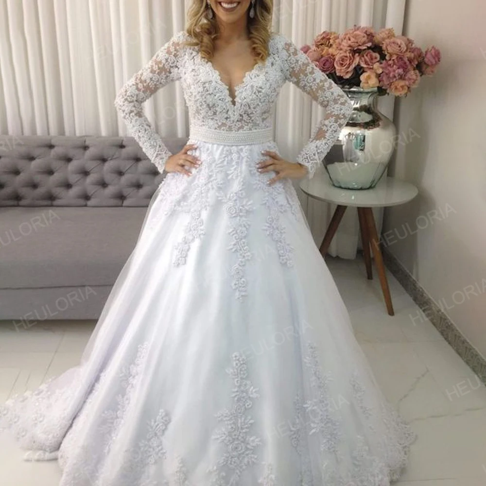 Vestido de baile de manga comprida, vestido de noiva, gola V, veste plus size para casamento, bordado com renda