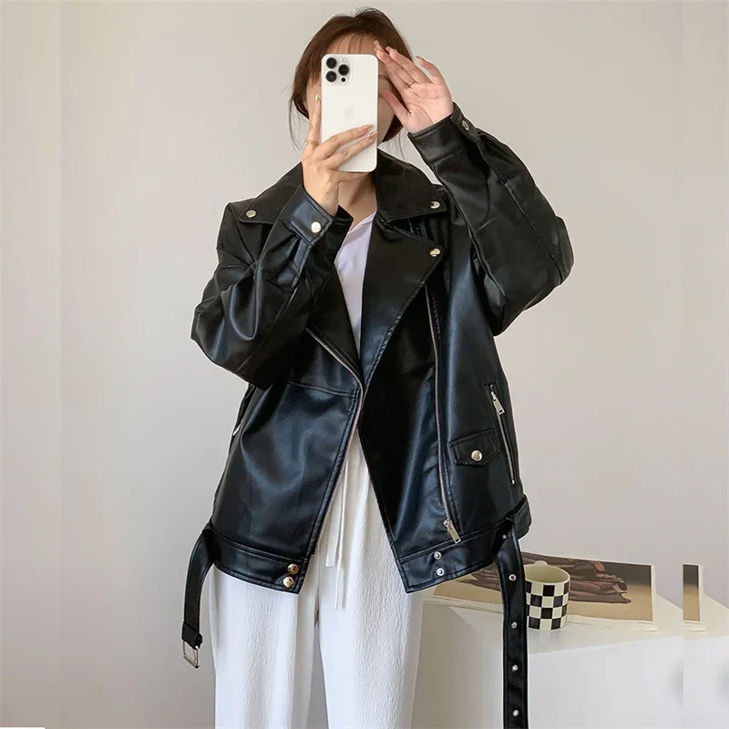 Primavera outono novas mulheres jaqueta de couro falso do plutônio com cinto streetwear casual solto jaquetas motociclista lapela manga longa outwear feminino