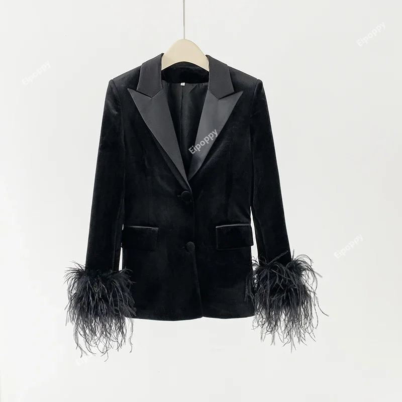 Blazer in velluto nero con piume di capelli di struzzo giacca da donna con risvolto in raso Office Business autunno inverno Coat