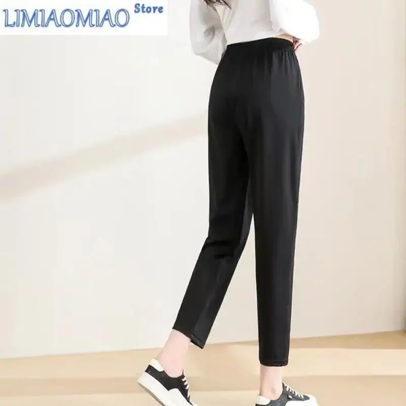 

Plush and Thicken Ninth Pants Women Autumn Winter Classic High Waist Loose Casual Black Fashion All-match Lady Trousers