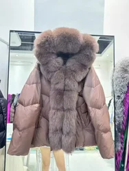 Cappotto di vera pelliccia di volpe Piumino d'anatra bianco da donna Cappotto caldo con cappuccio Cappotto di pelliccia vera da donna da ufficio femminile 2024 Moda invernale Casual